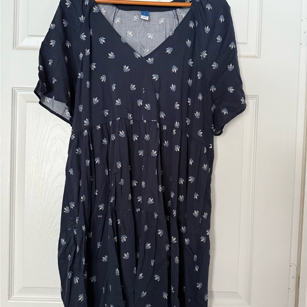 Old Navy Navy Blue Dress with White Leaf Design